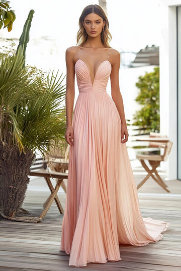 Pink Chiffon A Line Spaghetti Straps Pleated Long Wedding Guest Dress